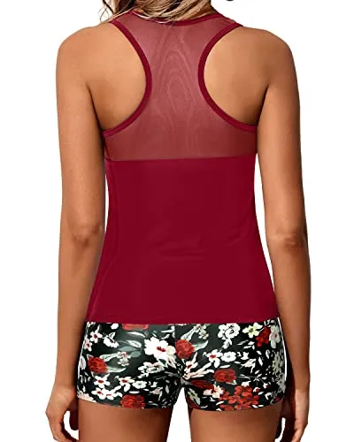 Athletic Tankini Swimsuit Set Swim Shorts For Women-Red Floral