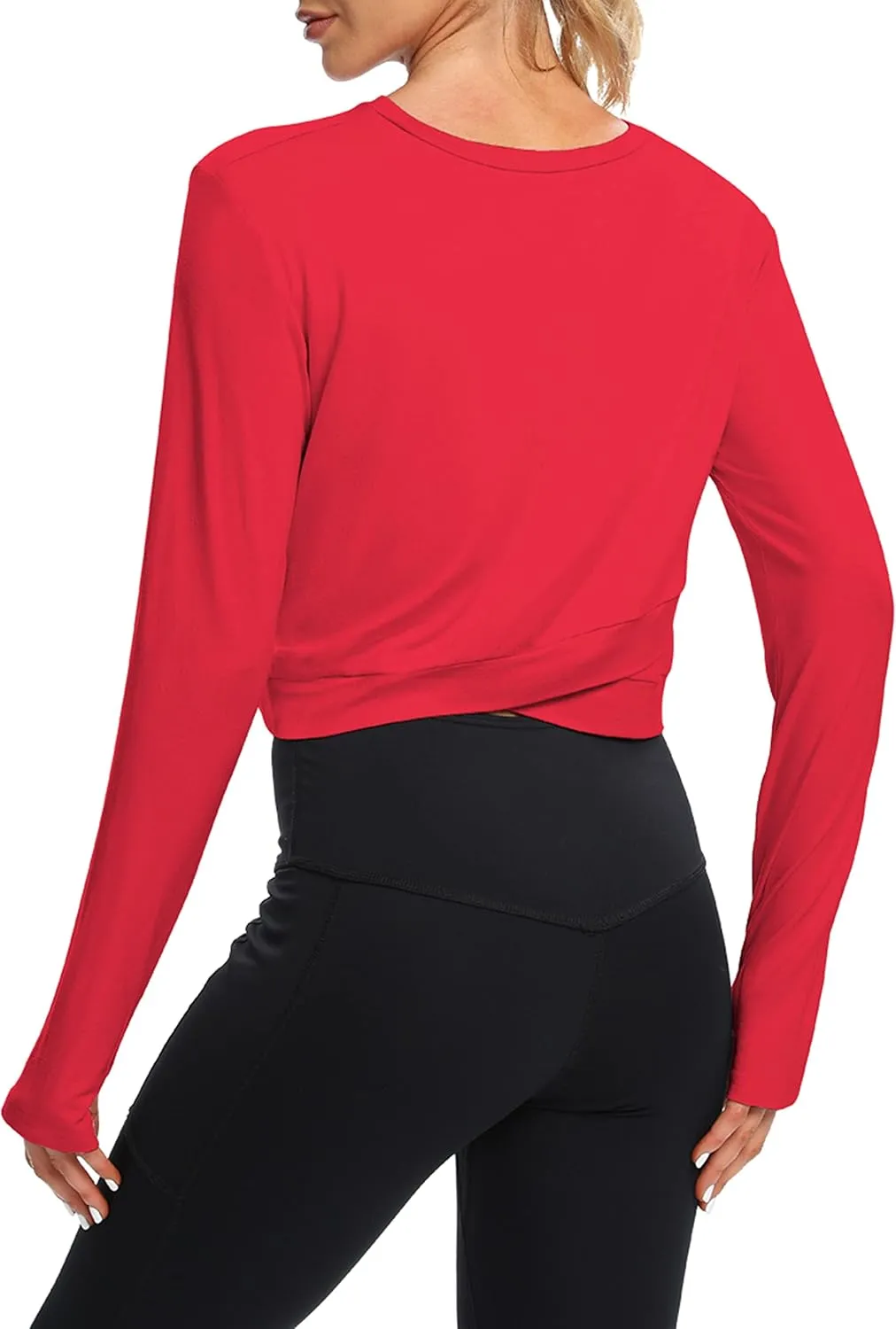 Bestisun Long Sleeve Workout Shirt Cross Back Cropped Running Athletic Tops for Women Thumb Hole
