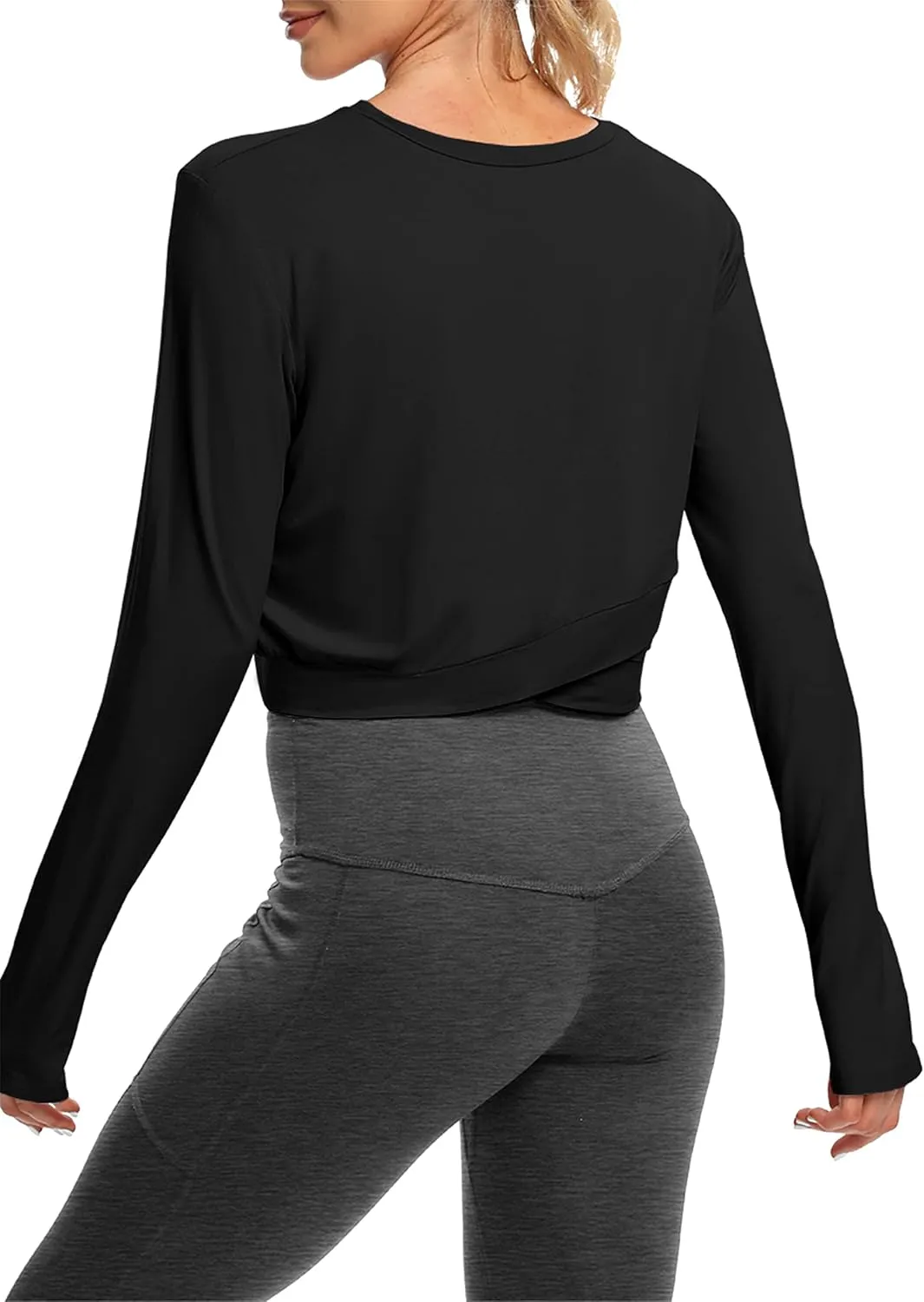 Bestisun Long Sleeve Workout Shirt Cross Back Cropped Running Athletic Tops for Women Thumb Hole