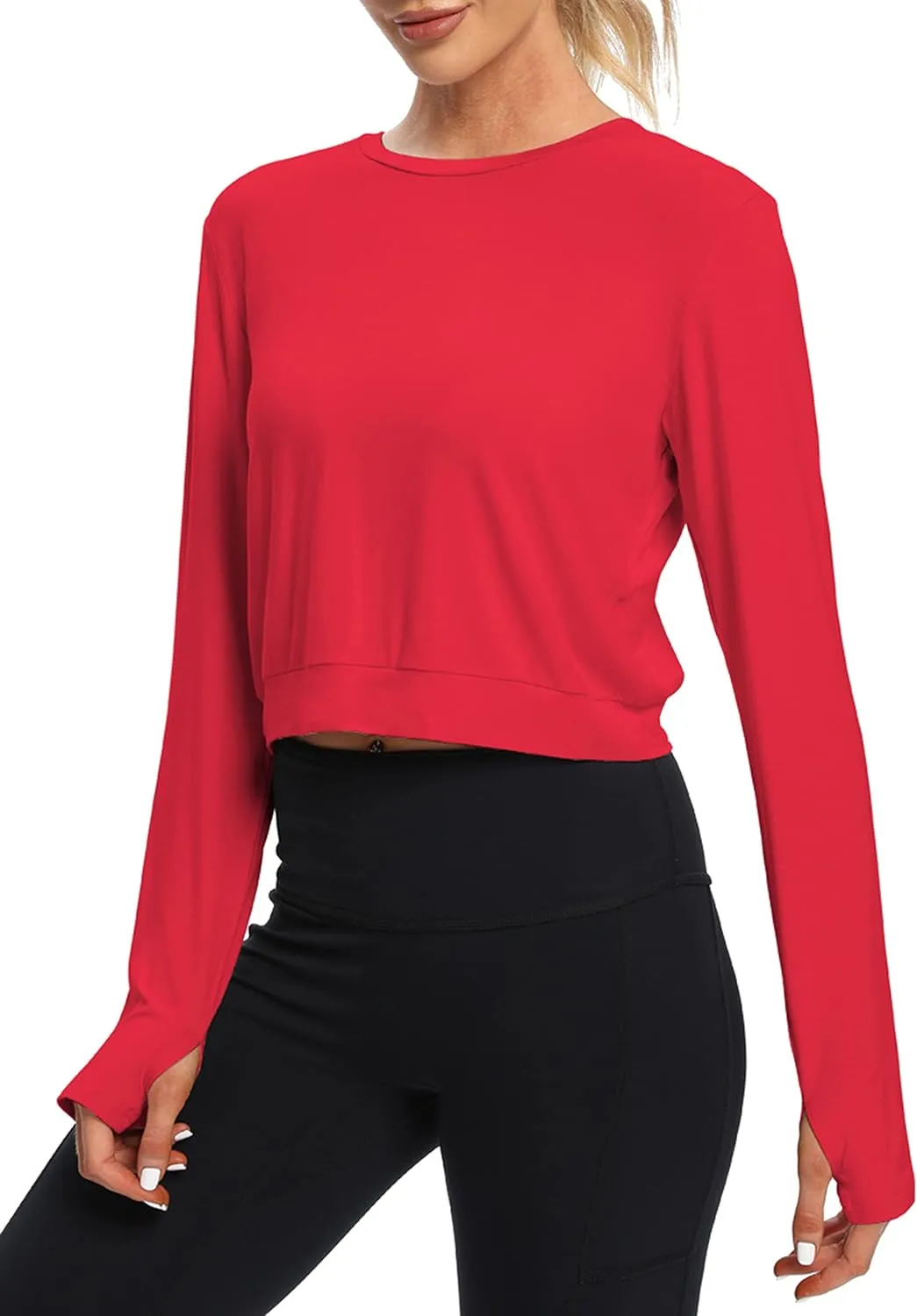 Bestisun Long Sleeve Workout Shirt Cross Back Cropped Running Athletic Tops for Women Thumb Hole