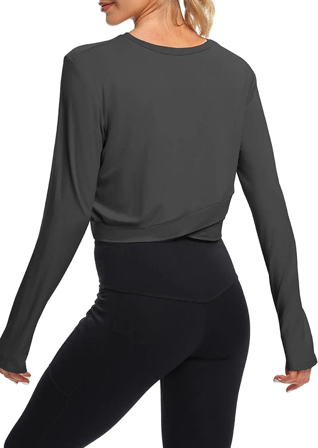 Bestisun Long Sleeve Workout Shirt Cross Back Cropped Running Athletic Tops for Women Thumb Hole