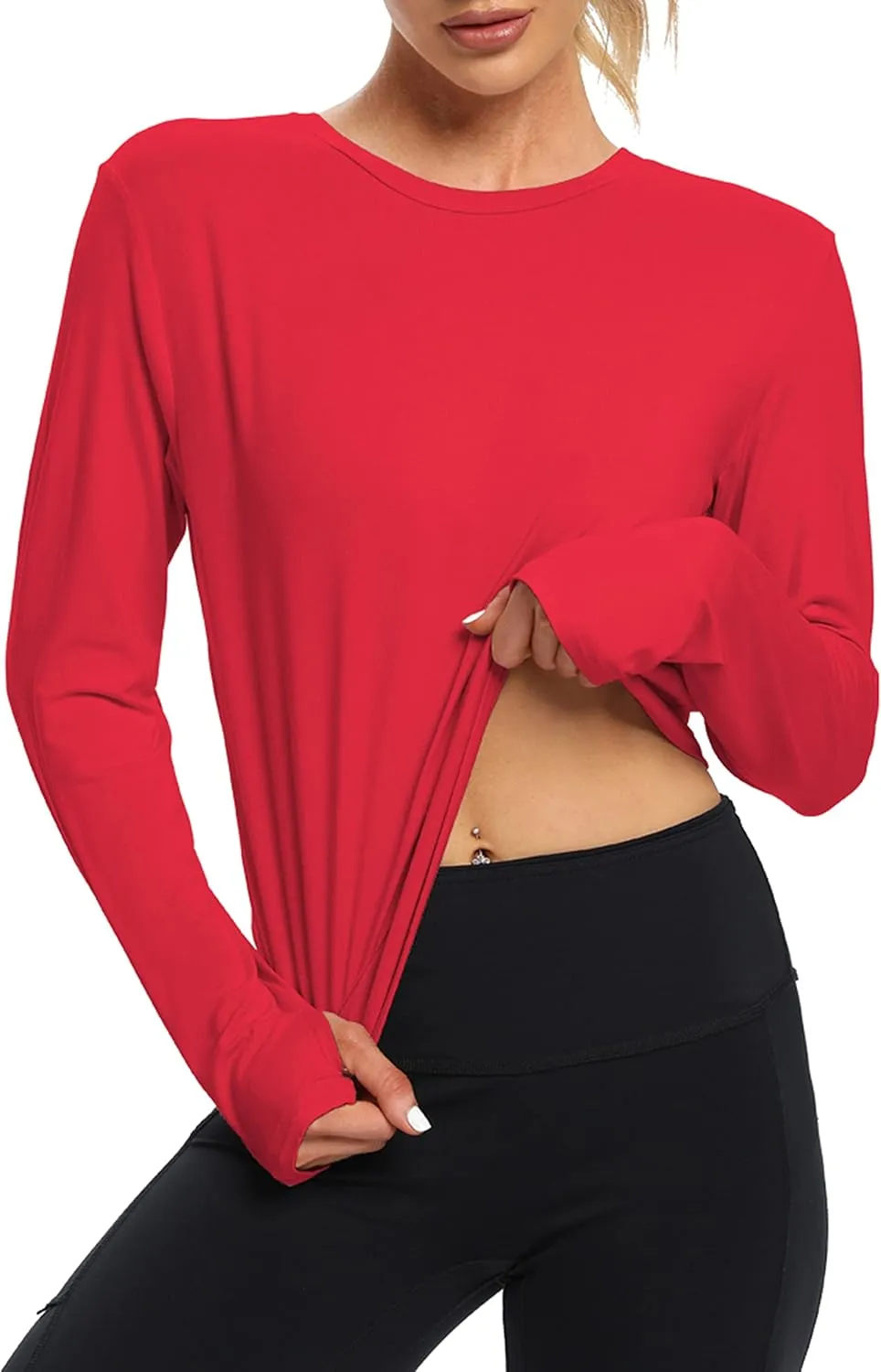 Bestisun Long Sleeve Workout Shirt Cross Back Cropped Running Athletic Tops for Women Thumb Hole