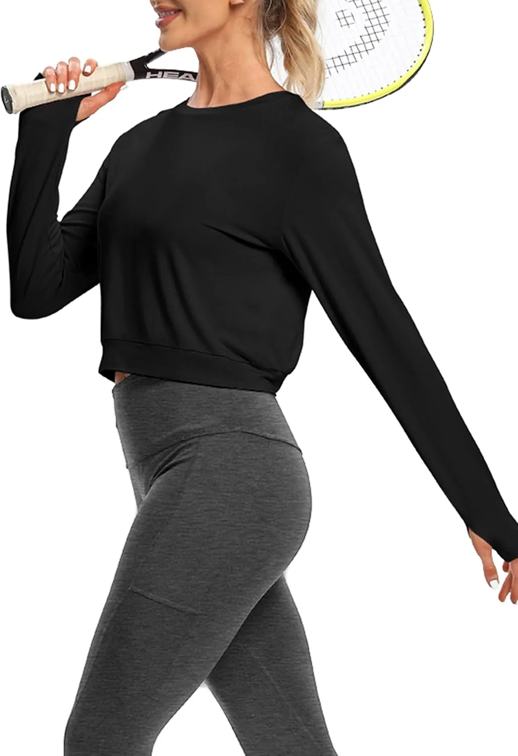 Bestisun Long Sleeve Workout Shirt Cross Back Cropped Running Athletic Tops for Women Thumb Hole