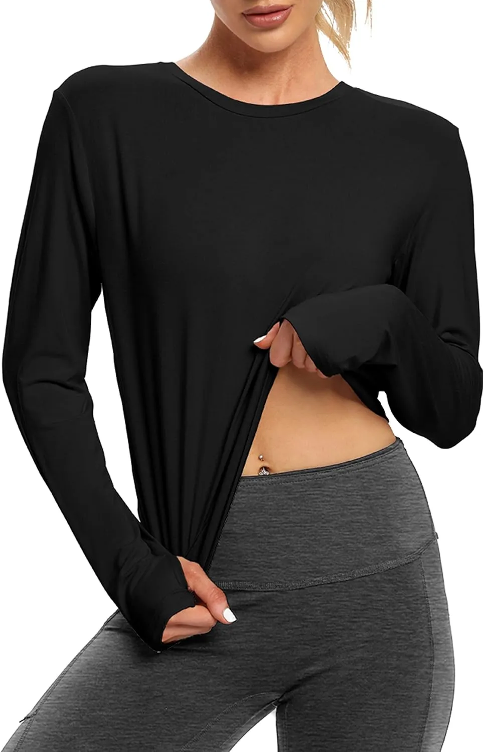 Bestisun Long Sleeve Workout Shirt Cross Back Cropped Running Athletic Tops for Women Thumb Hole