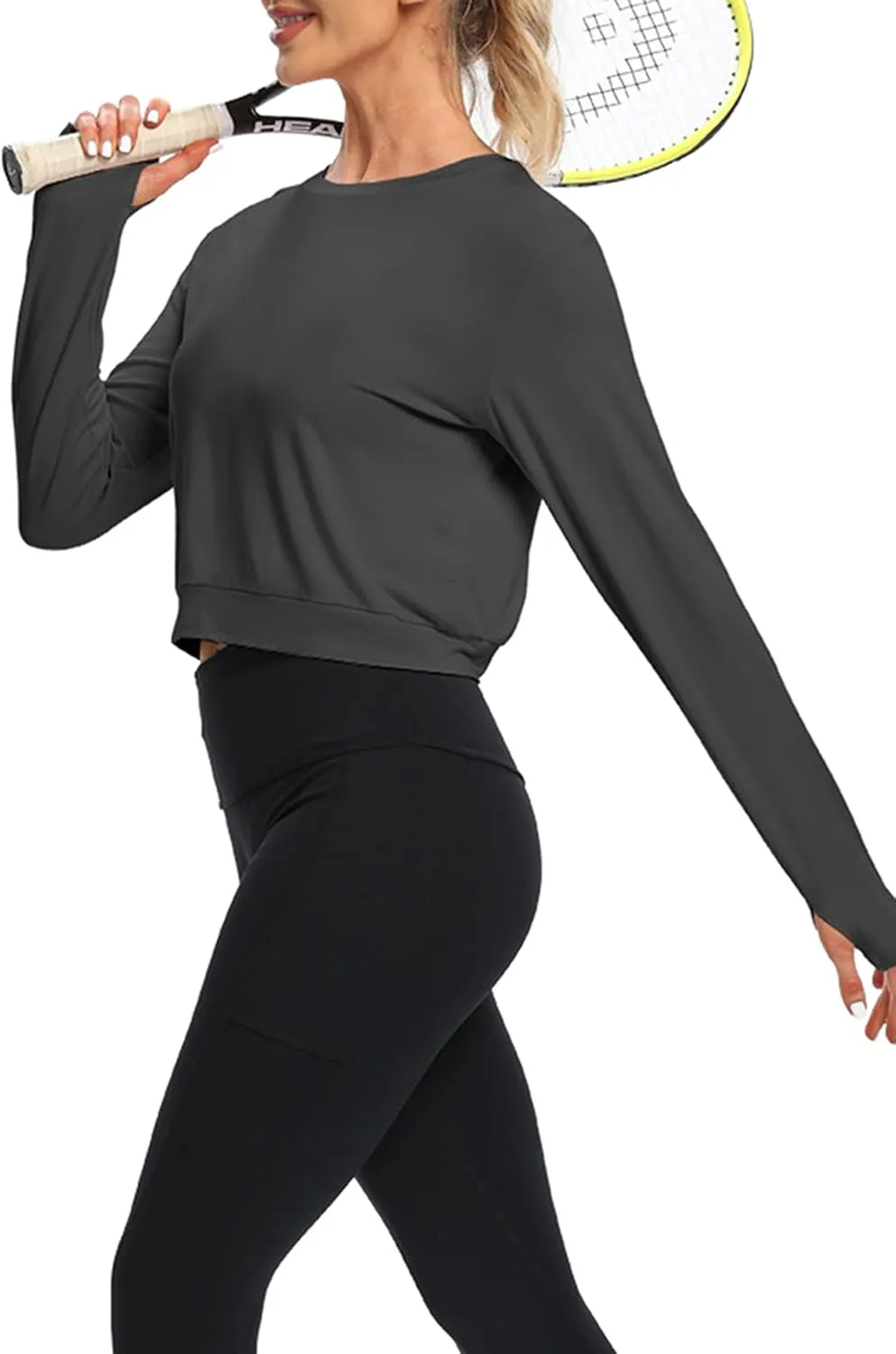 Bestisun Long Sleeve Workout Shirt Cross Back Cropped Running Athletic Tops for Women Thumb Hole