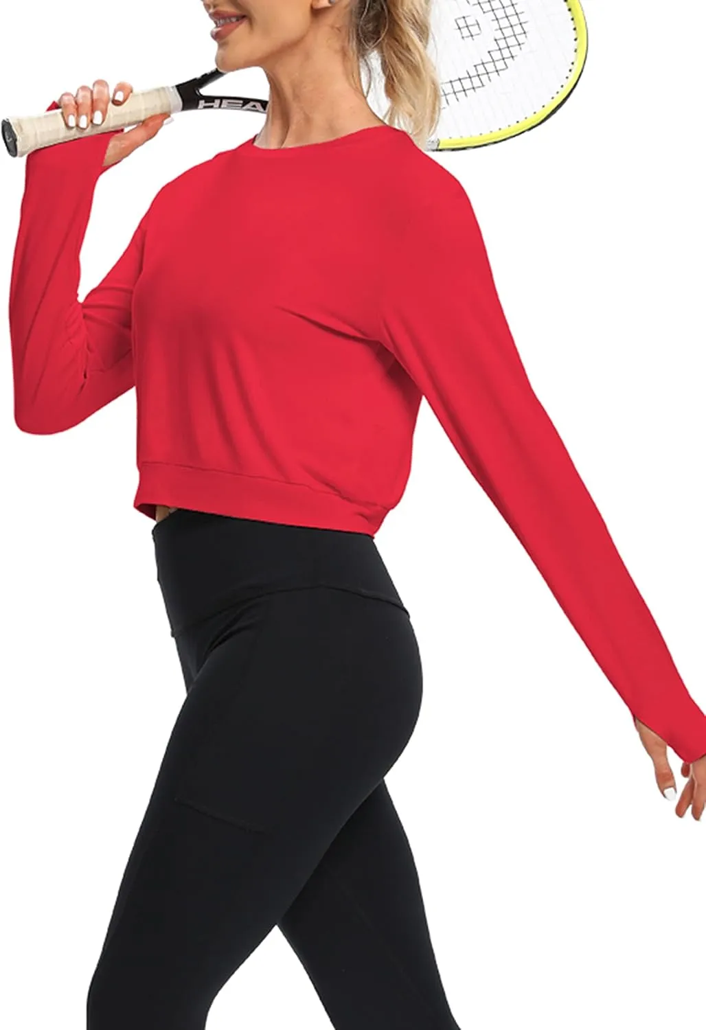 Bestisun Long Sleeve Workout Shirt Cross Back Cropped Running Athletic Tops for Women Thumb Hole
