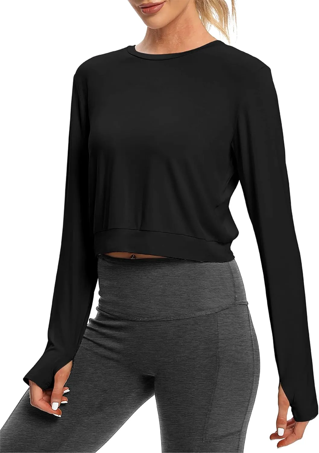 Bestisun Long Sleeve Workout Shirt Cross Back Cropped Running Athletic Tops for Women Thumb Hole