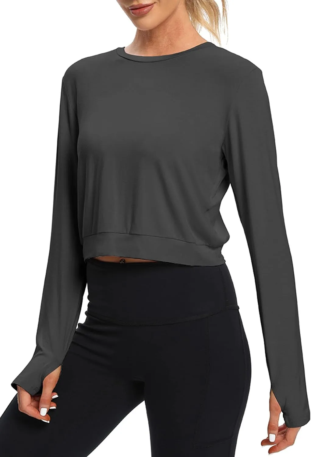 Bestisun Long Sleeve Workout Shirt Cross Back Cropped Running Athletic Tops for Women Thumb Hole