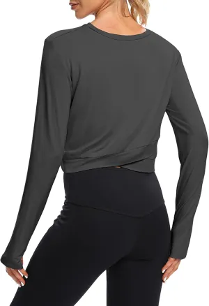 Bestisun Long Sleeve Workout Shirt Cross Back Cropped Running Athletic Tops for Women Thumb Hole