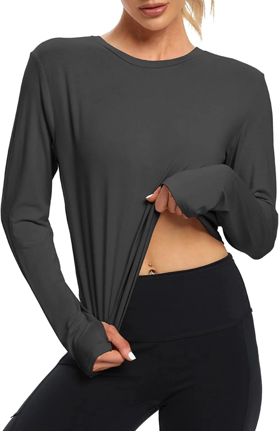 Bestisun Long Sleeve Workout Shirt Cross Back Cropped Running Athletic Tops for Women Thumb Hole