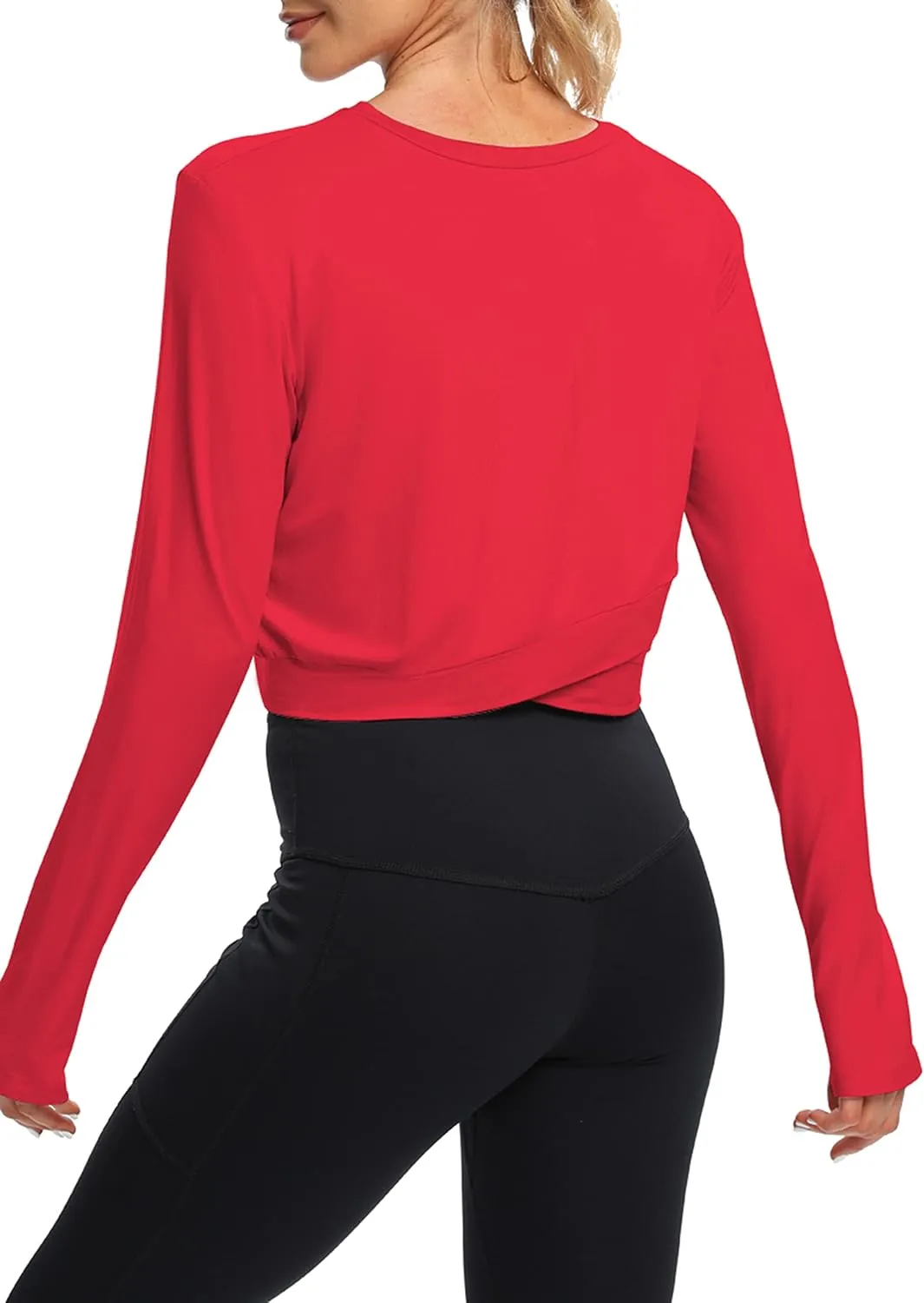 Bestisun Long Sleeve Workout Shirt Cross Back Cropped Running Athletic Tops for Women Thumb Hole