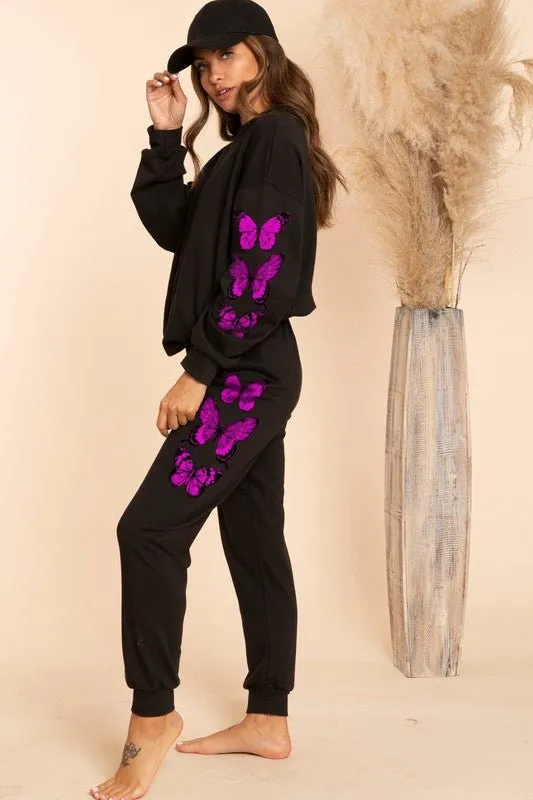 Black Fuchsia Pink Butterfly Sweatpants