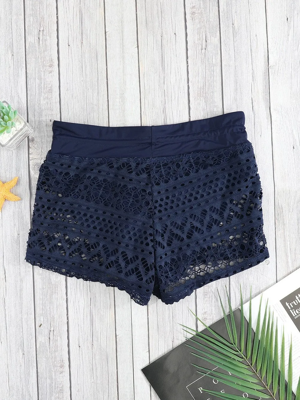 Blue Lace Shorts with Integrated Swim Briefs for Women