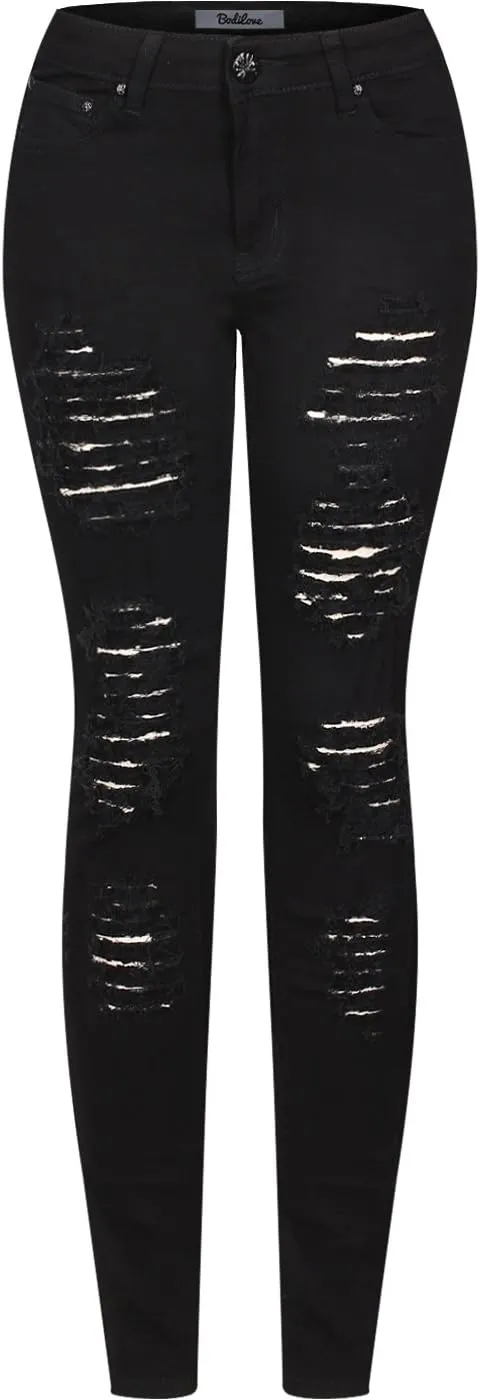 BodiLove Women's Stretchy 5 Pocket Skinny Distressed Denim Jeans
