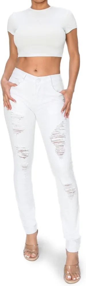 BodiLove Women's Stretchy 5 Pocket Skinny Distressed Denim Jeans