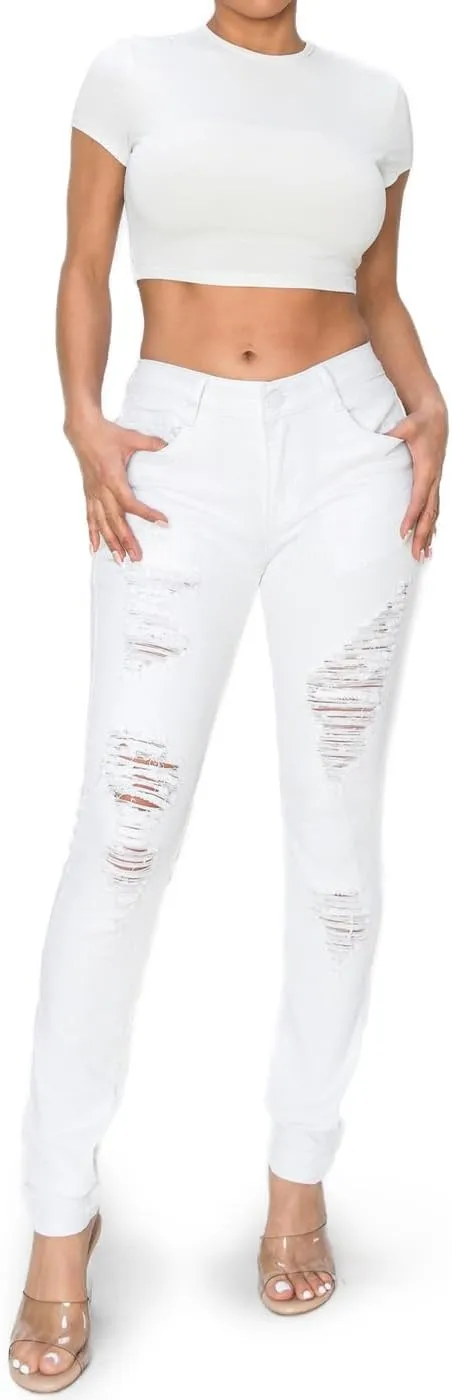 BodiLove Women's Stretchy 5 Pocket Skinny Distressed Denim Jeans