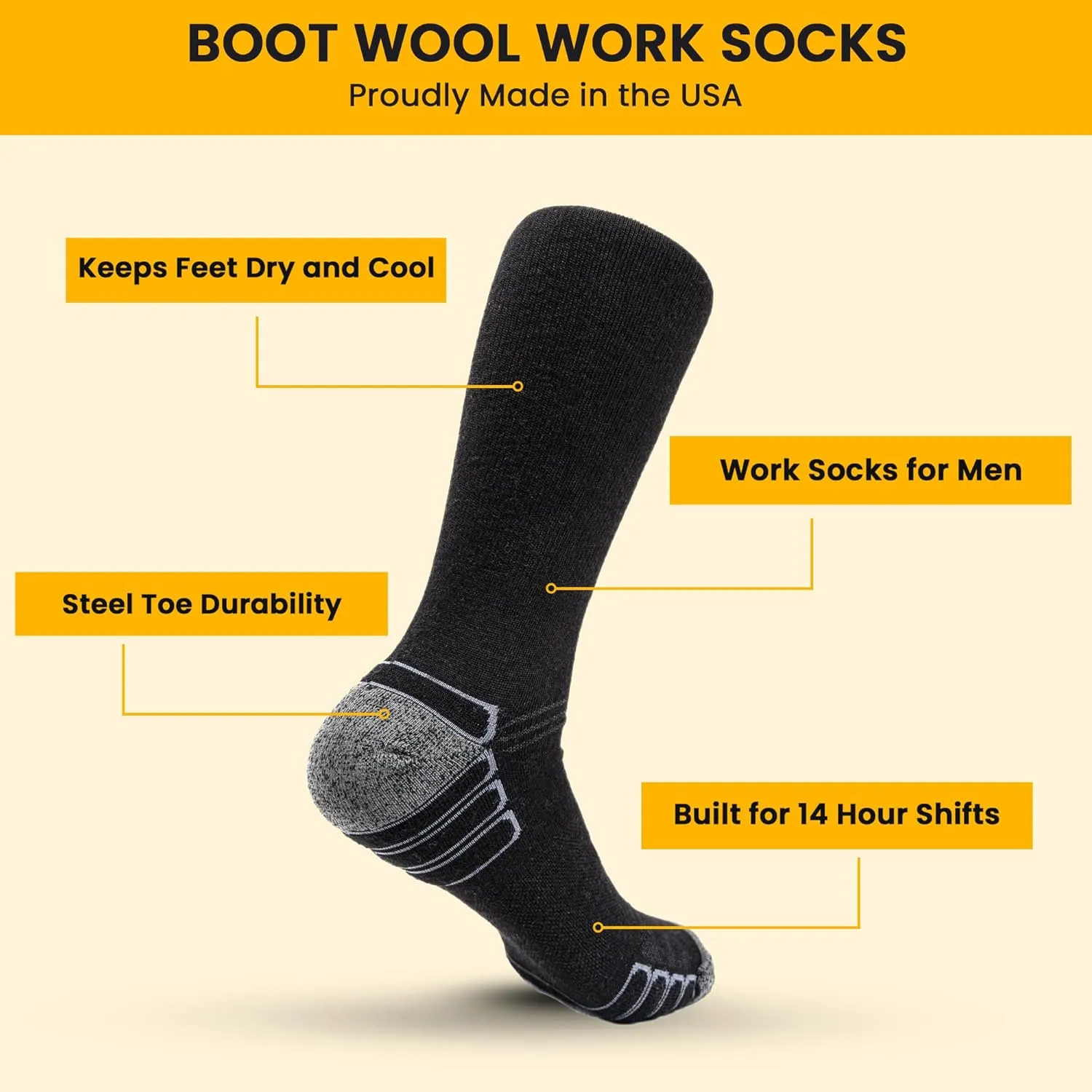 Boot Work Socks – Sweat-Wicking, Durable Wool Socks for Long Shifts – Up to 12" Boots – Made in USA