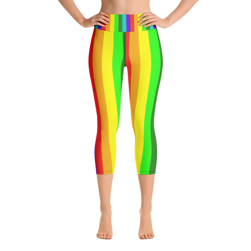 Bright Rainbow Capri Leggings, Gay Pride Striped Women's Yoga Tights -Made in USA/EU
