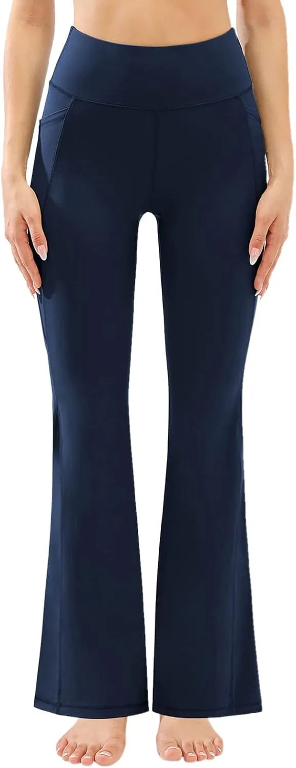 Butt Lifting Leggings for Women Solid Color High Waist Flared Yoga Pants with Pockets Slim Stretchy Yoga Leggings
