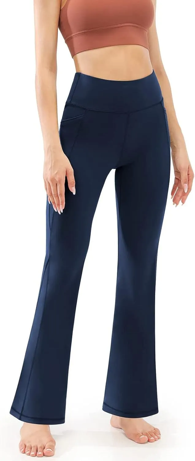 Butt Lifting Leggings for Women Solid Color High Waist Flared Yoga Pants with Pockets Slim Stretchy Yoga Leggings