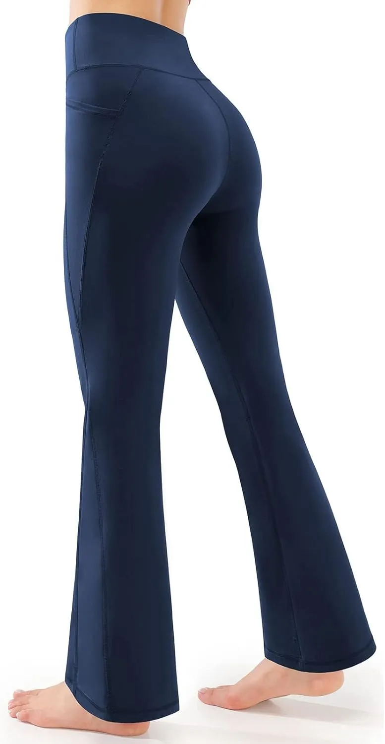 Butt Lifting Leggings for Women Solid Color High Waist Flared Yoga Pants with Pockets Slim Stretchy Yoga Leggings