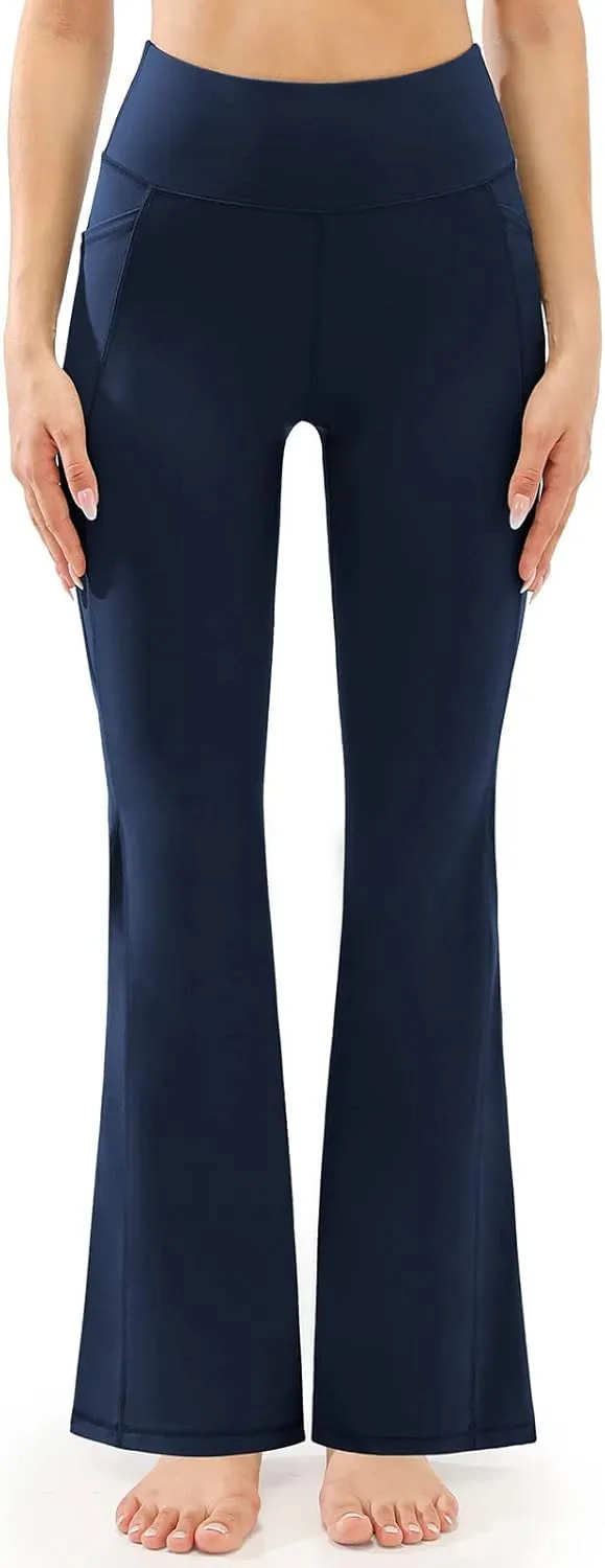 Butt Lifting Leggings for Women Solid Color High Waist Flared Yoga Pants with Pockets Slim Stretchy Yoga Leggings