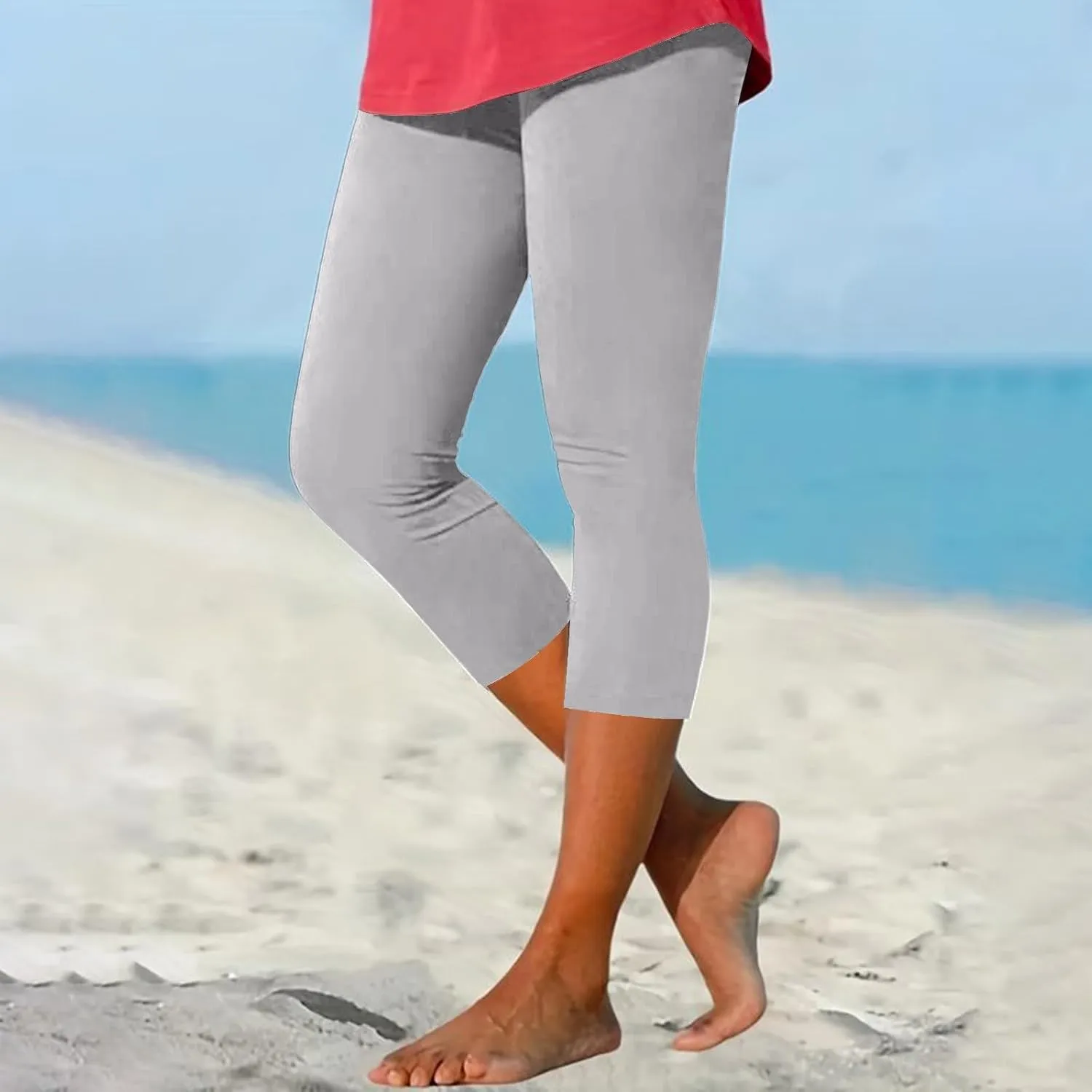Capri Leggings for Women Plus Size Tummy Control Knee Length No Pockets High Waisted Yoga Pants Soft Workout Tights