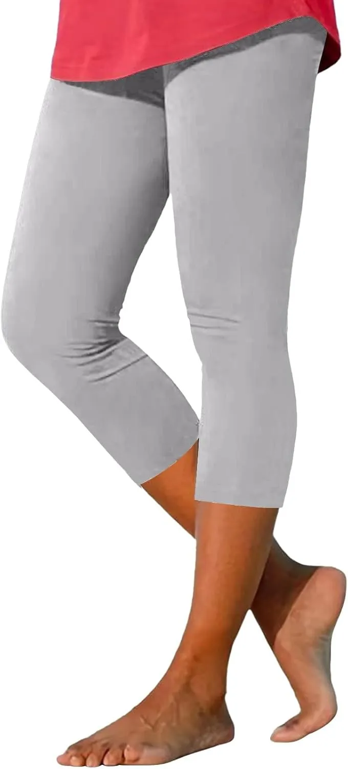 Capri Leggings for Women Plus Size Tummy Control Knee Length No Pockets High Waisted Yoga Pants Soft Workout Tights