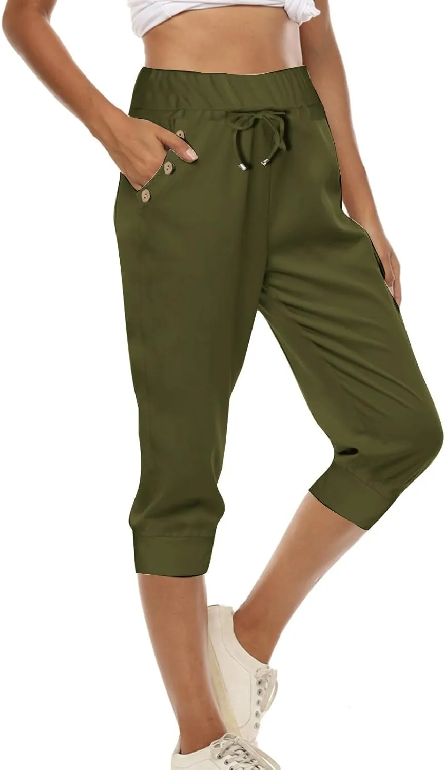 Capri Pants for Women Casual Summer Beach High Waisted Drawstring Yoga Joggers Stretch Lightweight Pant with Pockets