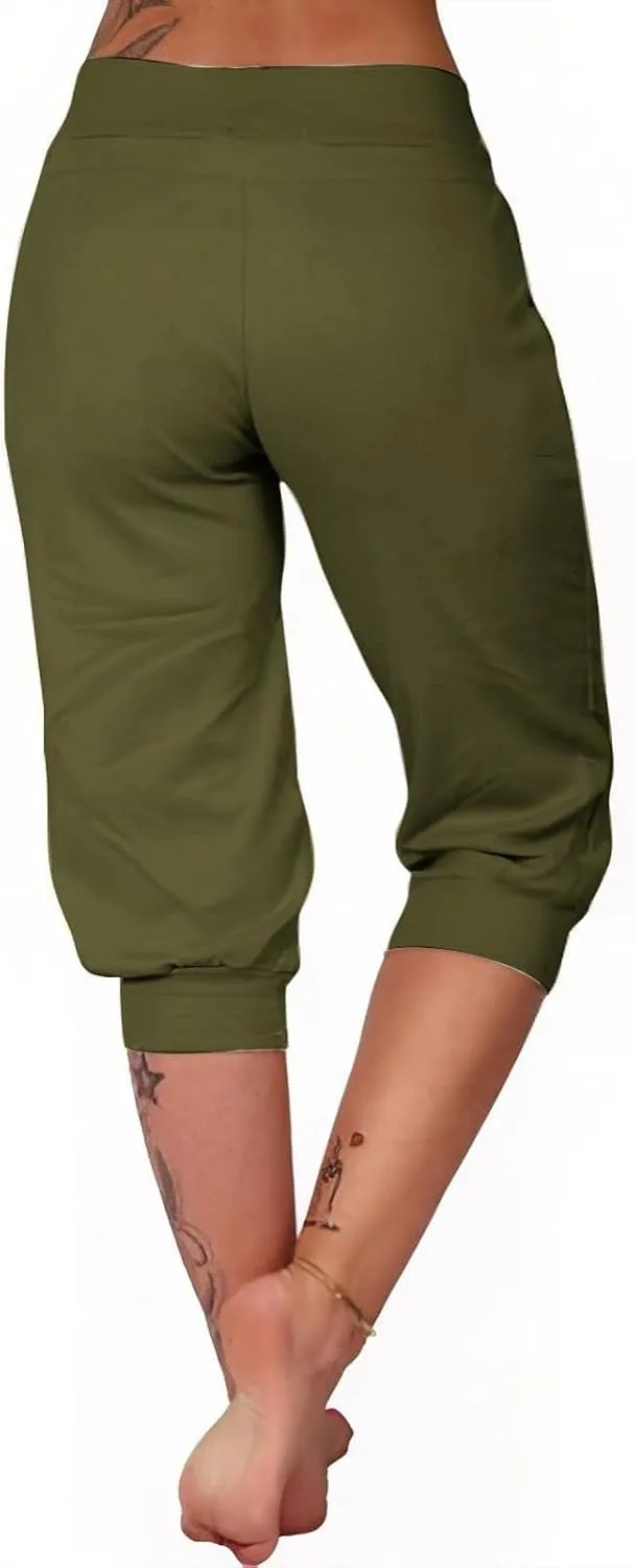 Capri Pants for Women Casual Summer Beach High Waisted Drawstring Yoga Joggers Stretch Lightweight Pant with Pockets
