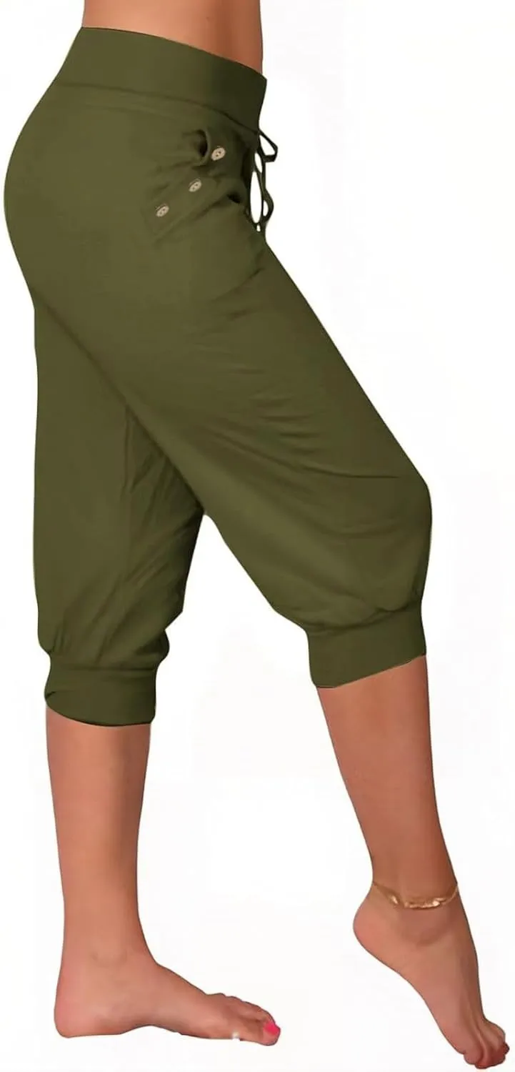Capri Pants for Women Casual Summer Beach High Waisted Drawstring Yoga Joggers Stretch Lightweight Pant with Pockets