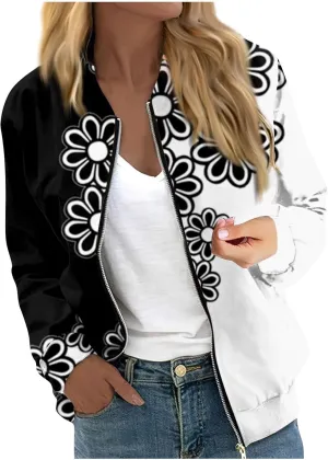 ChicCrate Bomber Jacket Women 2025 Long Sleeve Stand Collar Fall Jackets Lightweight Causal Floral Zip Up Coats