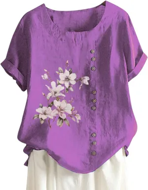 Concert Outfits for Women, Women's Short Sleeve Round Neck Cotton Linen Casual Butterfly Summer T-Shirt