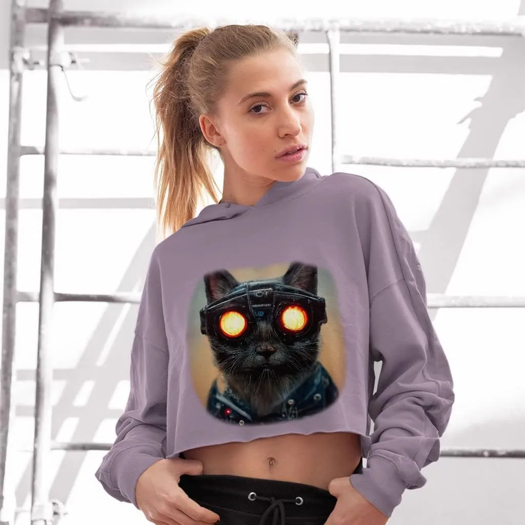 Cool Cat Women's Cropped Fleece Hoodie - Art Cropped Hoodie for Women - Graphic Hooded Sweatshirt
