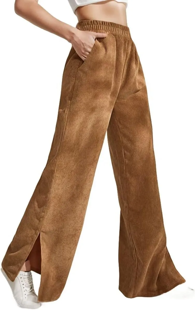 Corduroy Pants for Women Plus Size Wide Leg Casual Pant Tall High Waist Women Pants Bell Bottom Trousers with Pockets