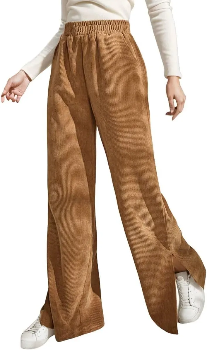 Corduroy Pants for Women Plus Size Wide Leg Casual Pant Tall High Waist Women Pants Bell Bottom Trousers with Pockets