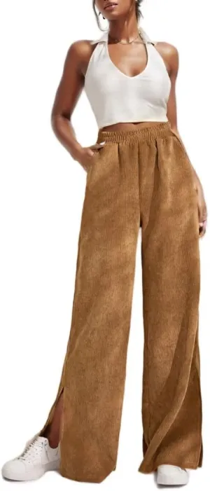 Corduroy Pants for Women Plus Size Wide Leg Casual Pant Tall High Waist Women Pants Bell Bottom Trousers with Pockets