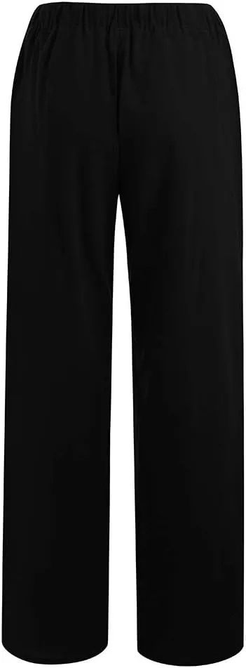 Cotton Linen Pants Women Summer 2025 Drawstring Elastic Waist Wide Leg Casual Beach Trouser Loose Lounge Palazzo Pant