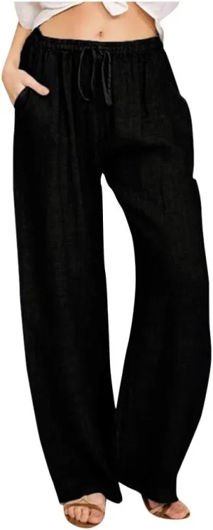 Cotton Linen Pants Women Summer 2025 Drawstring Elastic Waist Wide Leg Casual Beach Trouser Loose Lounge Palazzo Pant