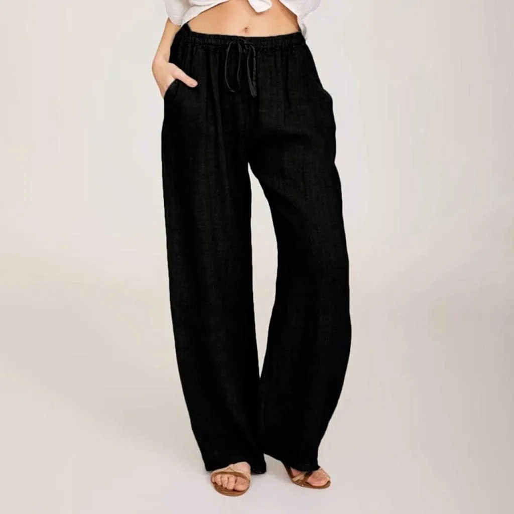 Cotton Linen Pants Women Summer 2025 Drawstring Elastic Waist Wide Leg Casual Beach Trouser Loose Lounge Palazzo Pant