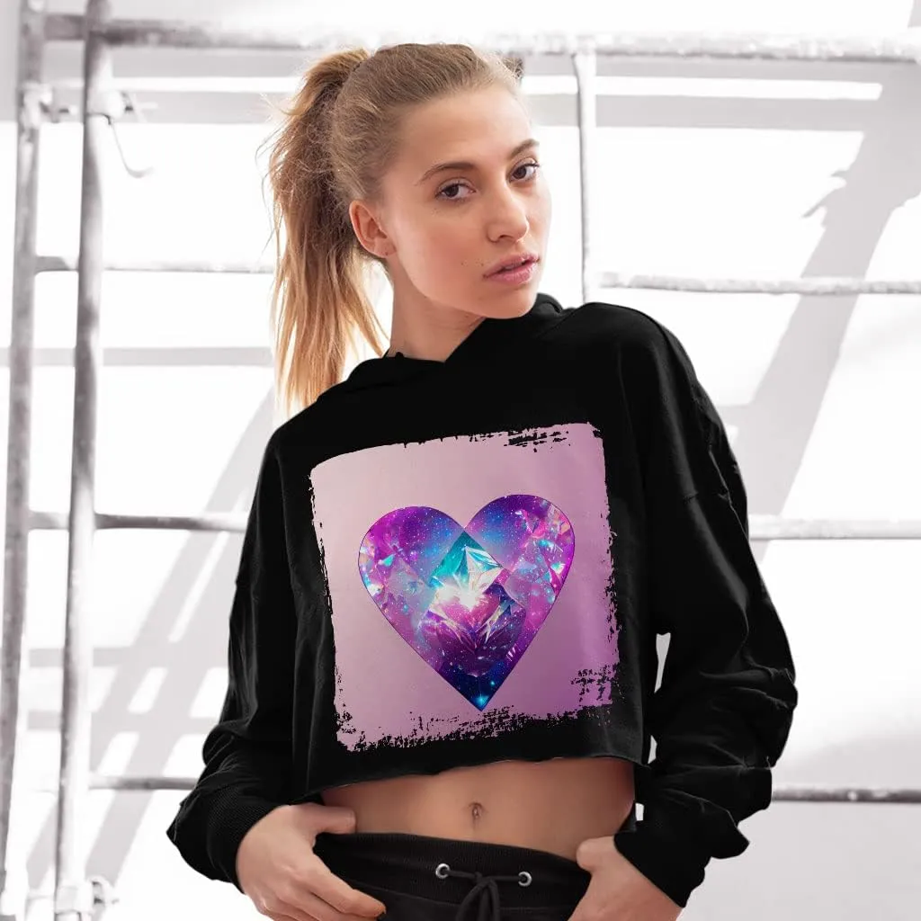 Crystal Heart Women's Cropped Fleece Hoodie - Printed Cropped Hoodie for Women - Unique Hooded Sweatshirt