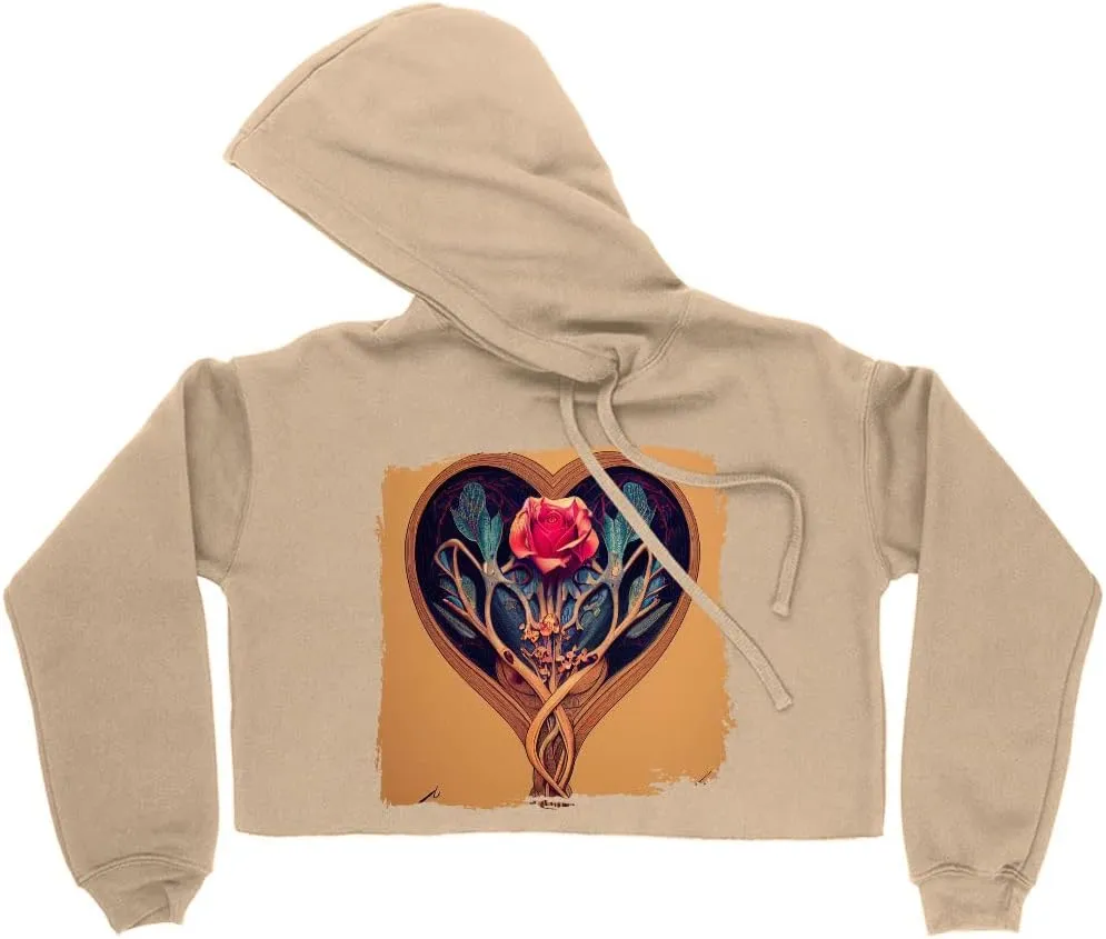 Cute Heart Women's Cropped Fleece Hoodie - Floral Cropped Hoodie for Women - Colorful Hooded Sweatshirt