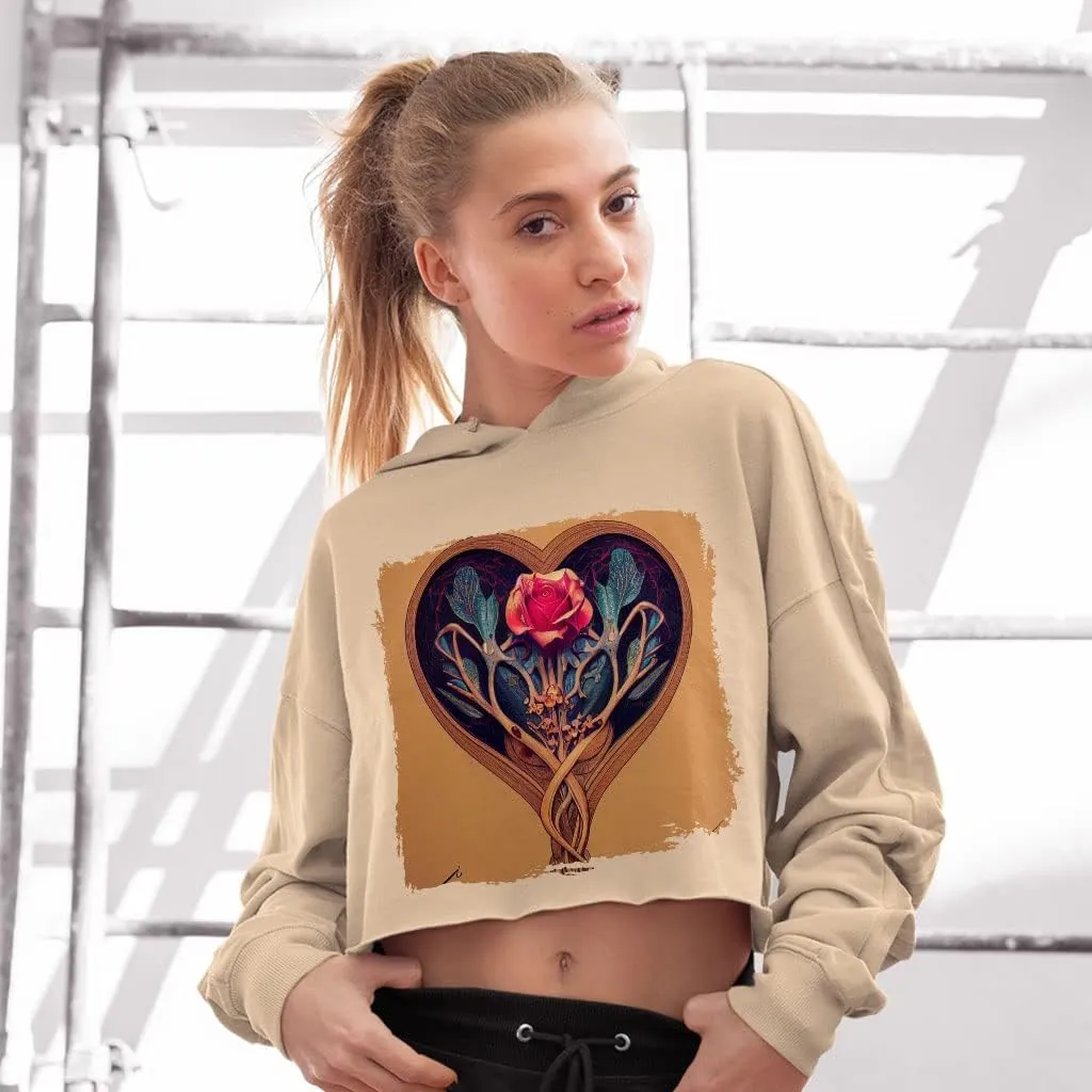 Cute Heart Women's Cropped Fleece Hoodie - Floral Cropped Hoodie for Women - Colorful Hooded Sweatshirt