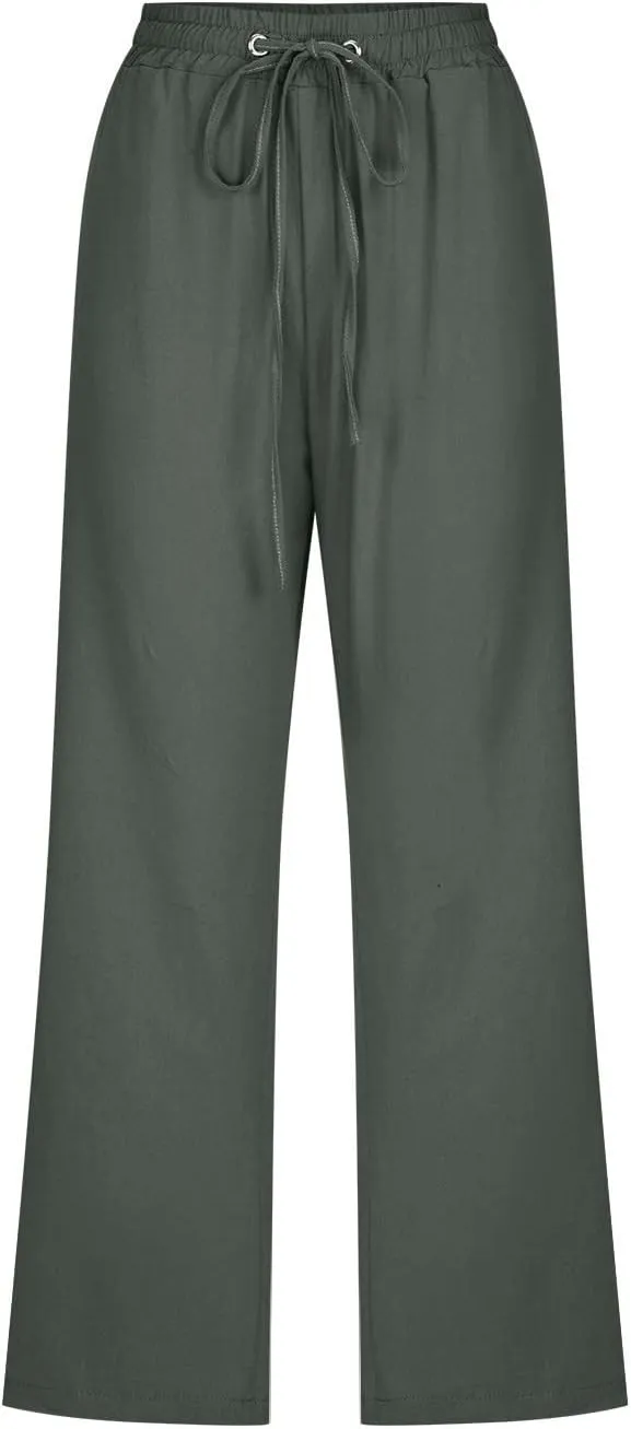 DDAPJ pyju Capri Pants for Women Plus Size Casual Drawstring High Waist Linen Pants Straight Leg Cropped Trouser with Pockets