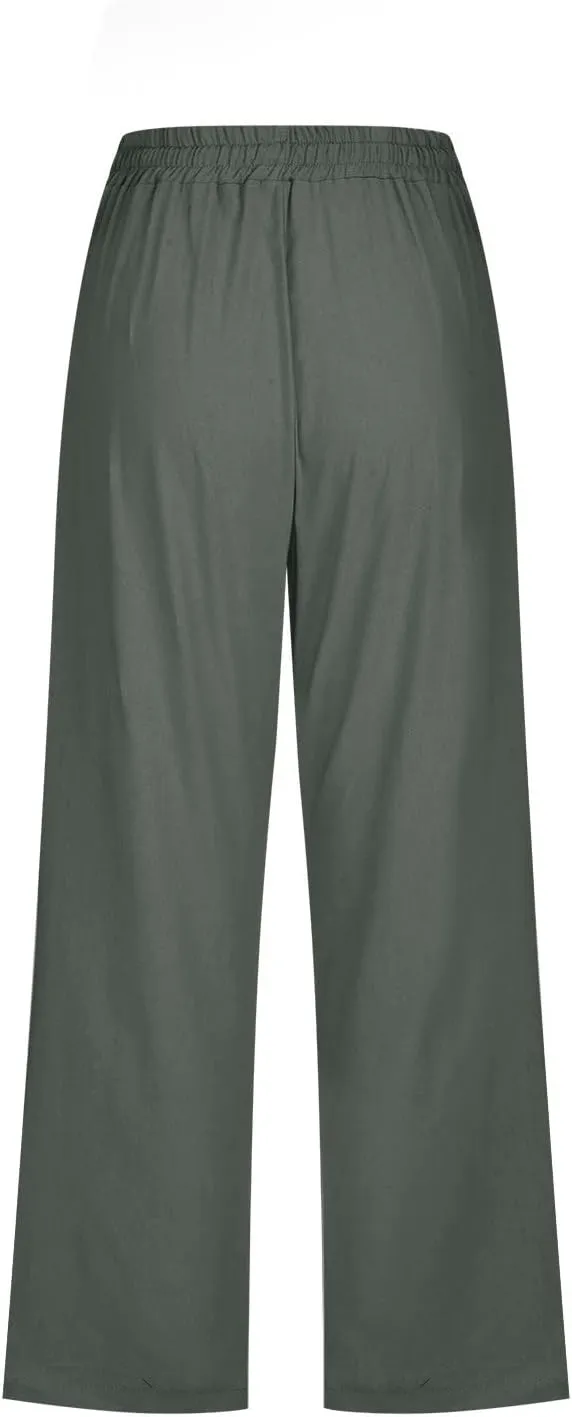 DDAPJ pyju Capri Pants for Women Plus Size Casual Drawstring High Waist Linen Pants Straight Leg Cropped Trouser with Pockets