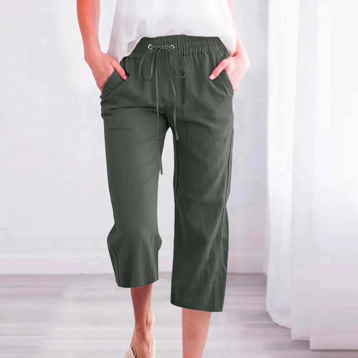 DDAPJ pyju Capri Pants for Women Plus Size Casual Drawstring High Waist Linen Pants Straight Leg Cropped Trouser with Pockets