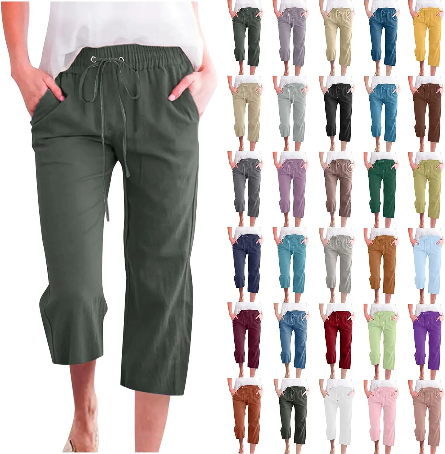 DDAPJ pyju Capri Pants for Women Plus Size Casual Drawstring High Waist Linen Pants Straight Leg Cropped Trouser with Pockets