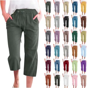 DDAPJ pyju Capri Pants for Women Plus Size Casual Drawstring High Waist Linen Pants Straight Leg Cropped Trouser with Pockets