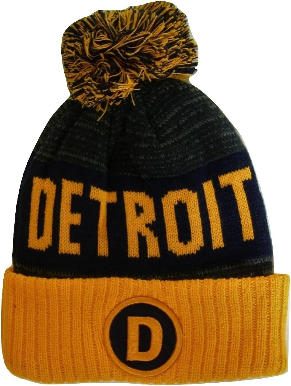 Detroit Ribbed Cuff Knit Winter Hat Pom Beanie Hat