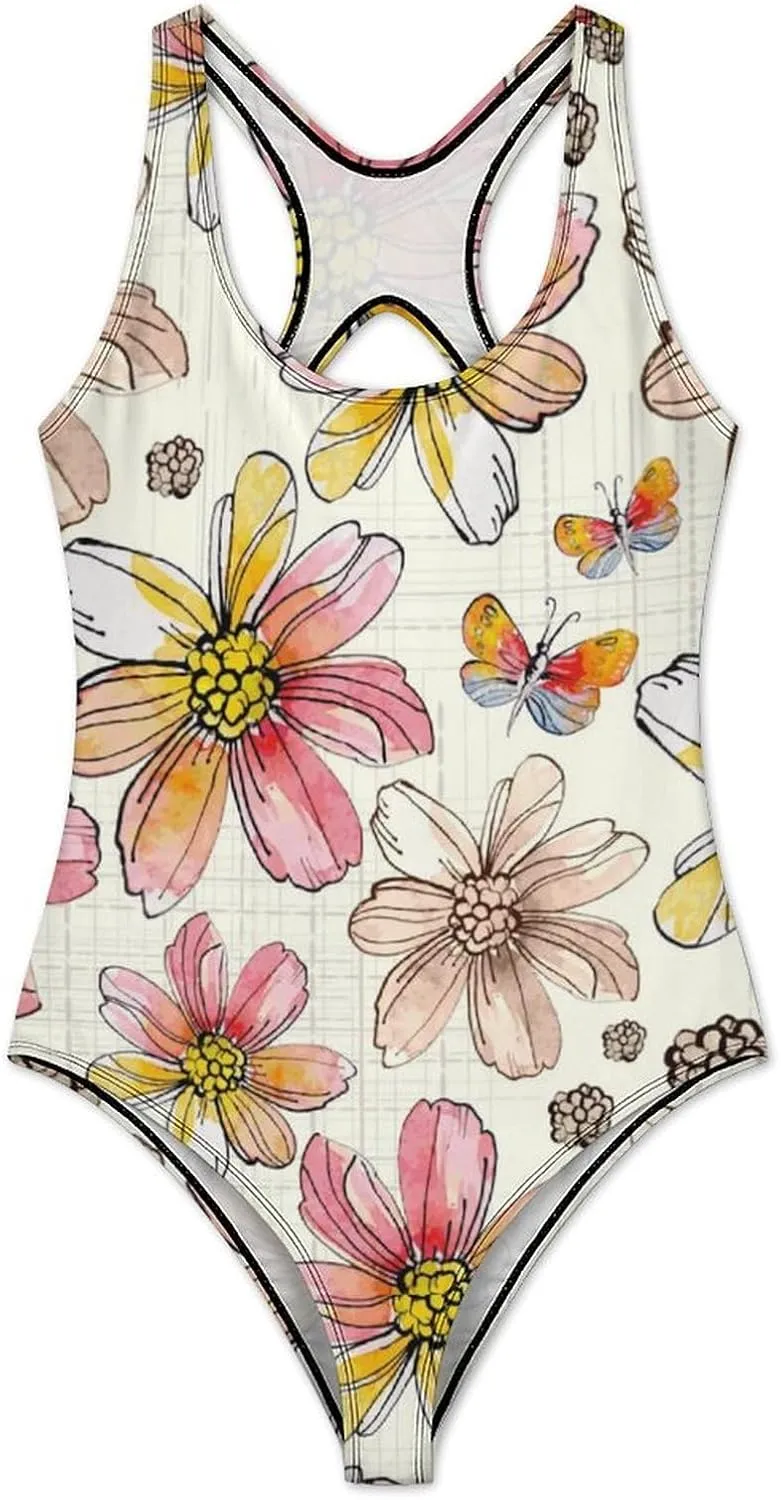 Distressed Floral Women One Piece Swimwears Criss Cross Back Scoop Neck Fashion Tummy Control Bathing Suits